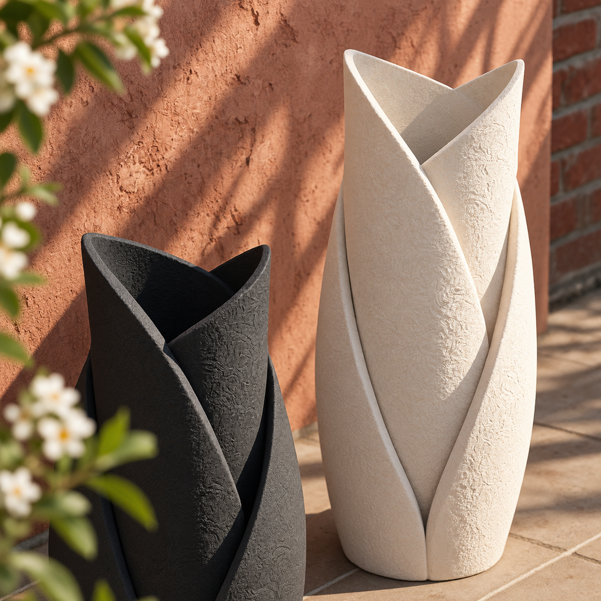 Sculptural vase in courtyard