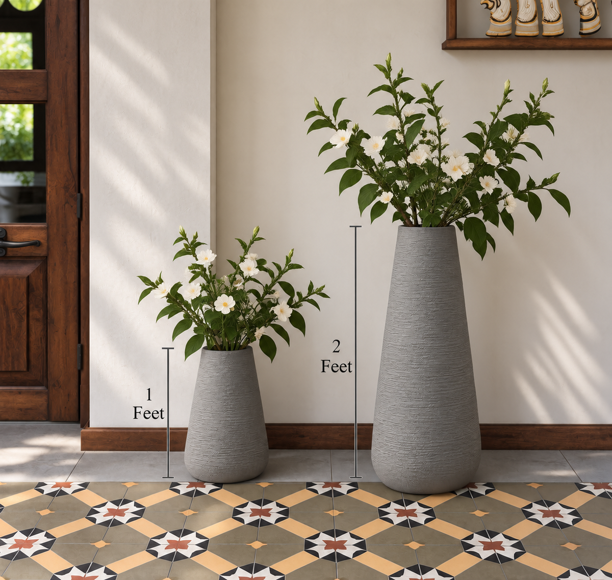 Planters with white blooms
