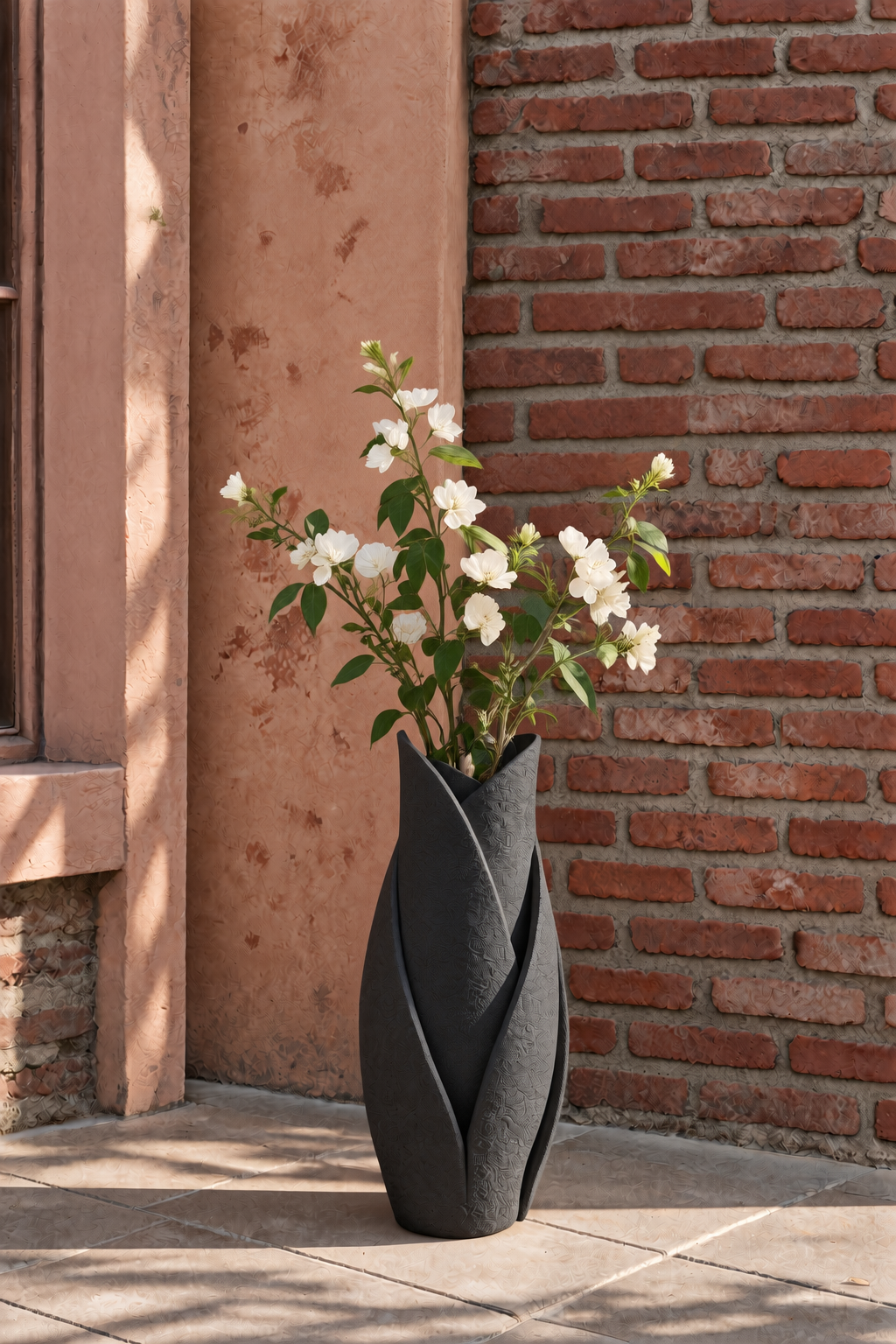 Sculptural planter with white blossoms