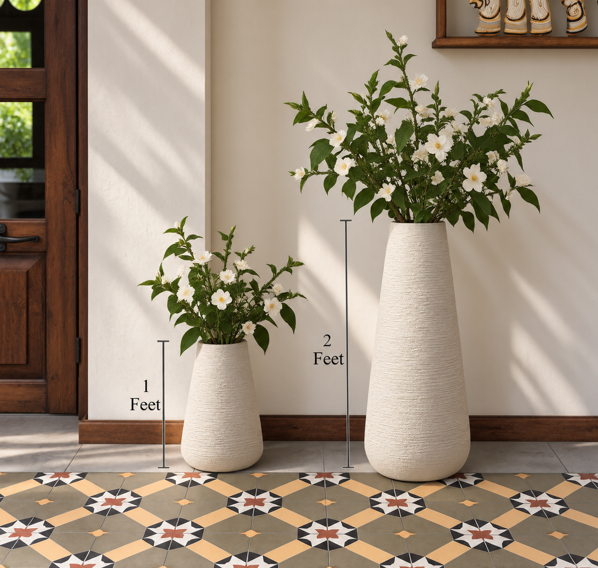 Cream textured planters with flowers