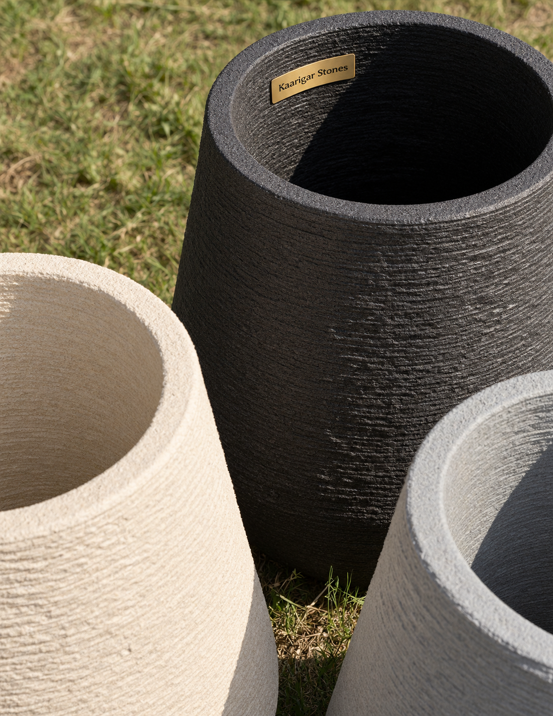 Textured stone vases outdoors